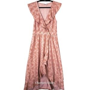 Zara Peach Floral Jacquard Ruffle Sleeve Whimsigoth Hi-Lo Maxi Dress Sz. M